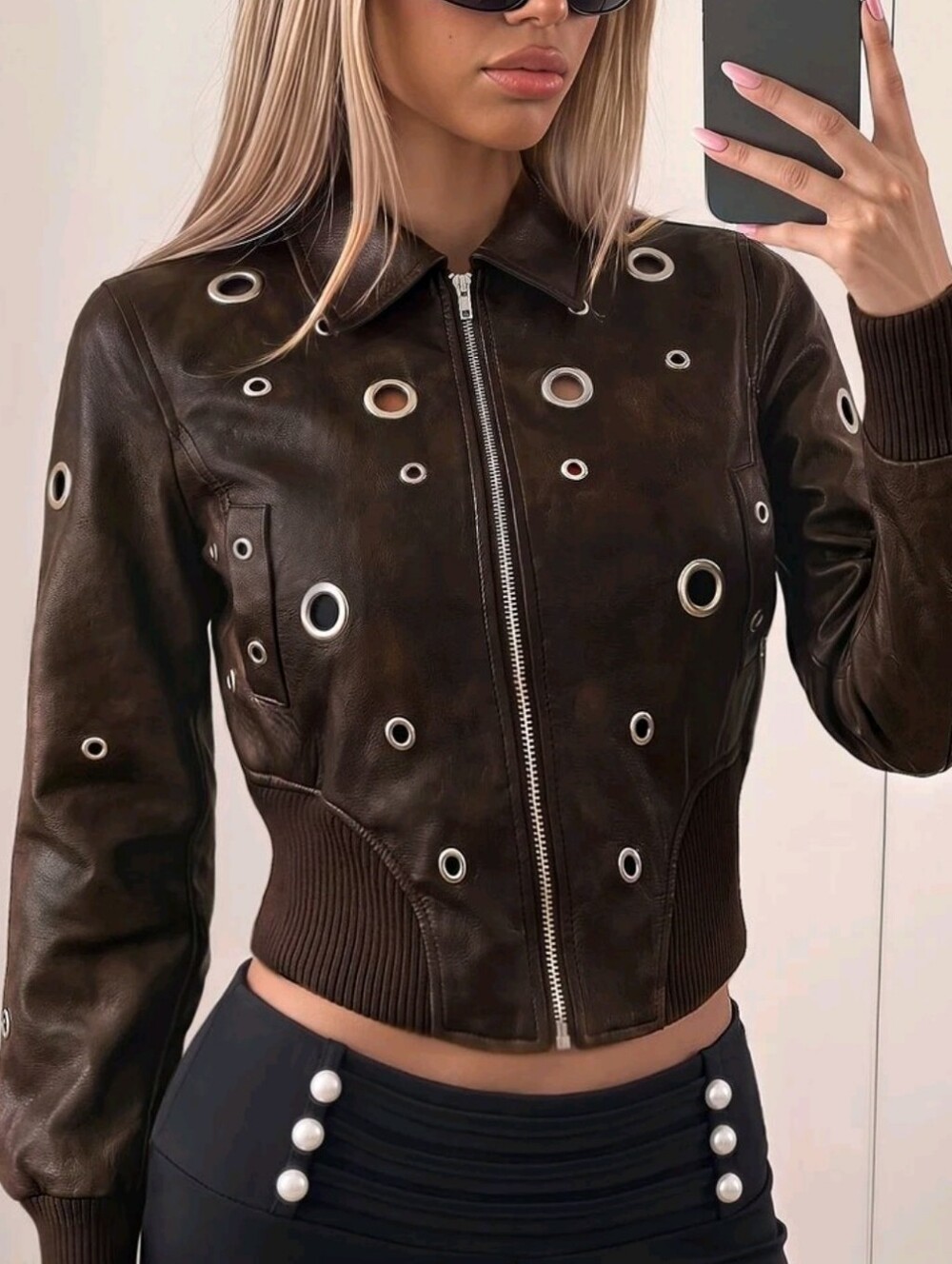 Women's Streetwear Gothic Punk Brown Fitted Zip Up Eyelet Moto Biker